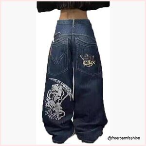 Vintage High Waist Wide Leg Denim Jeans Gothic Print Baggy Fit